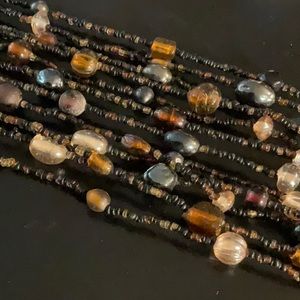 Blue And Brown 6 Strand Glass And Seed Bead Necklace